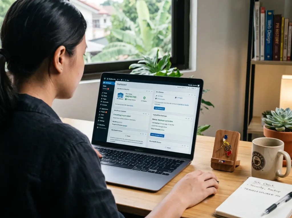 A laptop showing a WordPress dashboard with security, backup, and update status panels, with a Philippines map pin on the desk while a person facing at the screen
