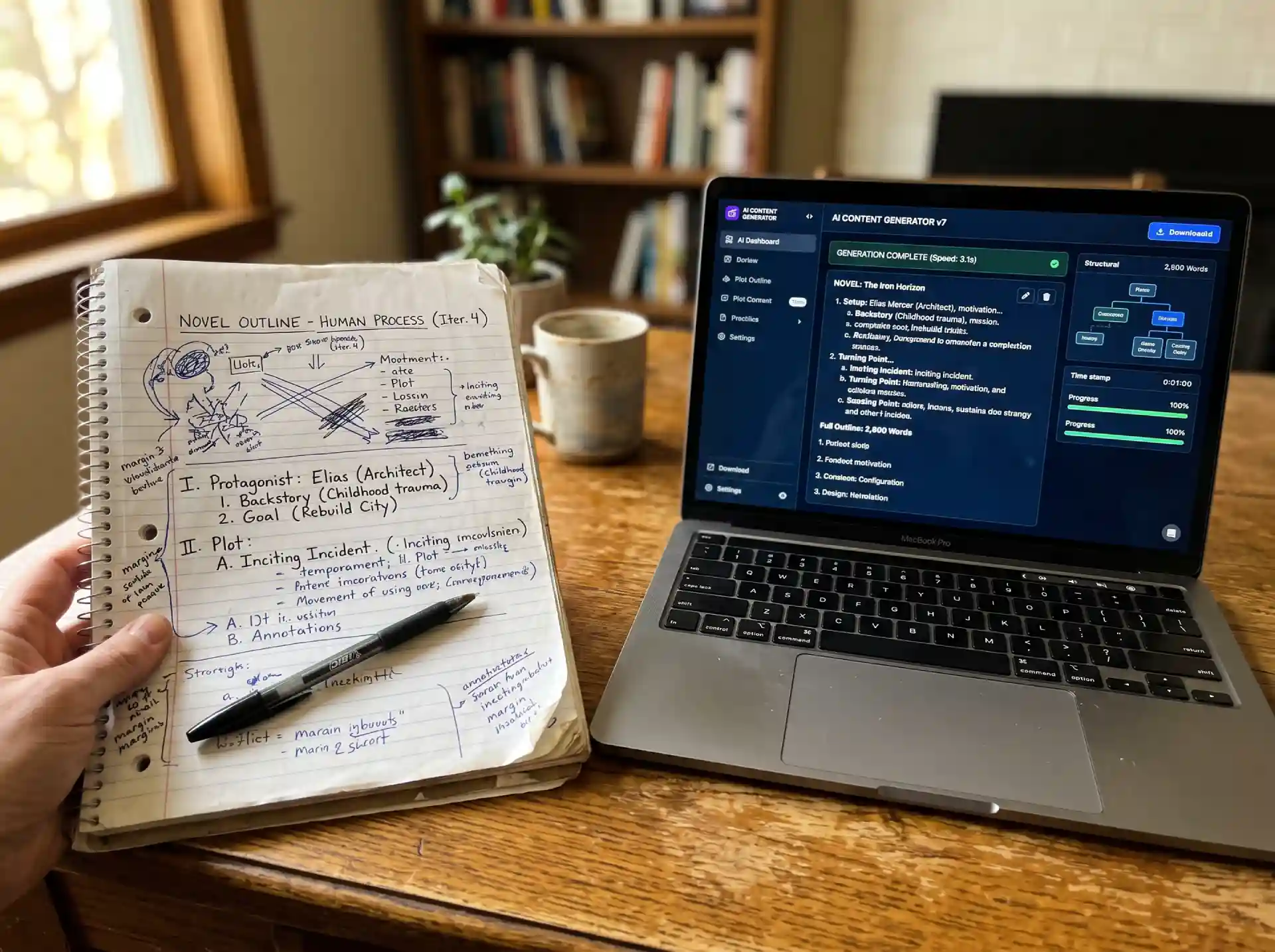 A handwritten paper outline beside a laptop screen, contrasting human craft with AI speed