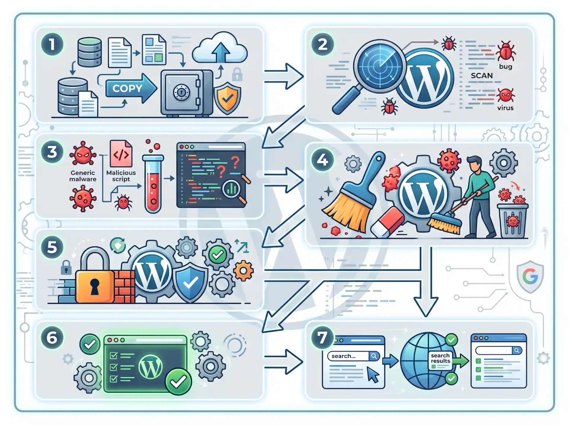 Seven-step flowchart of the WordPress cleanup process from scan and remove to Google review