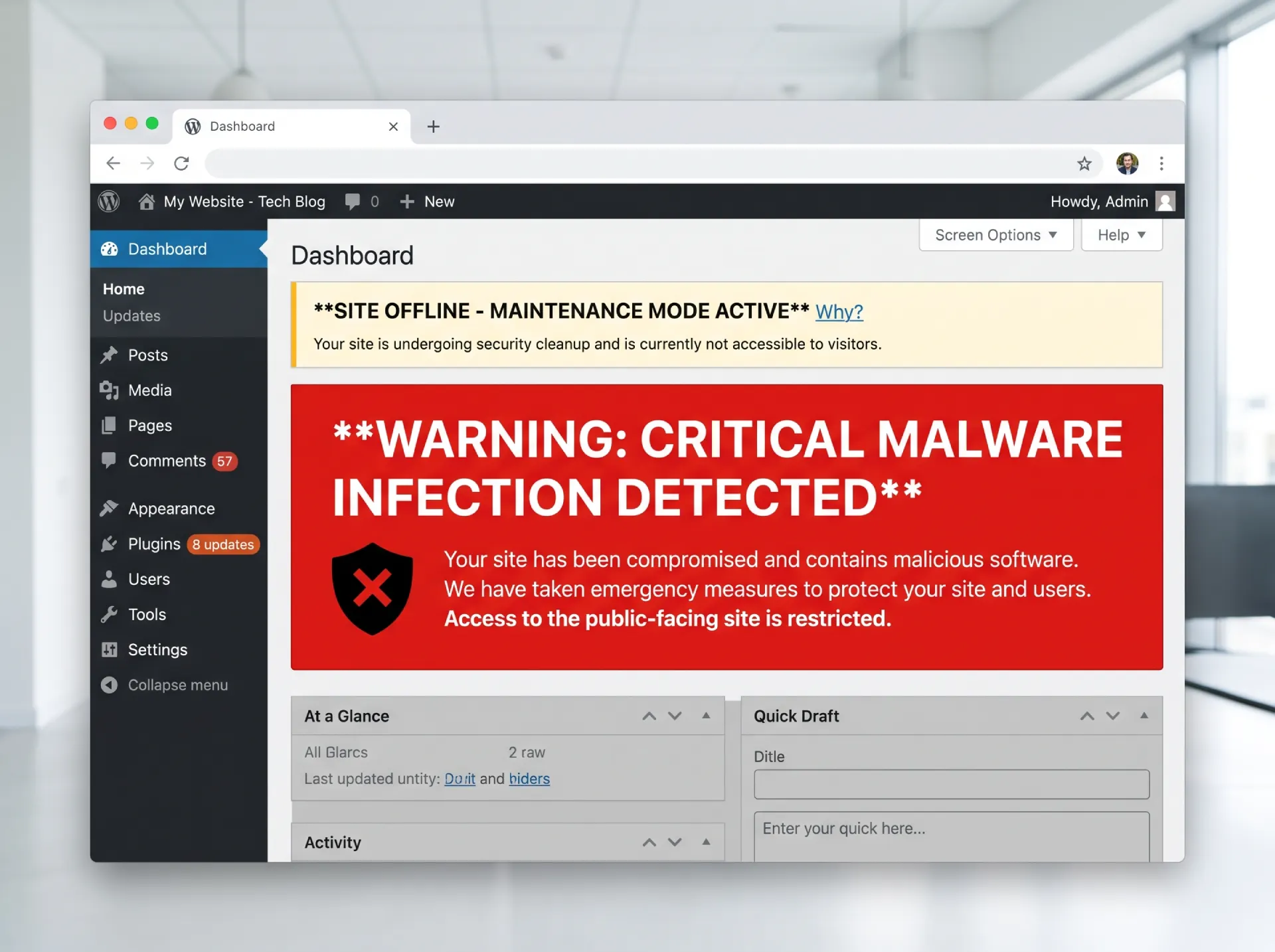A WordPress site dashboard showing a red malware warning with the site being switched to maintenance mode