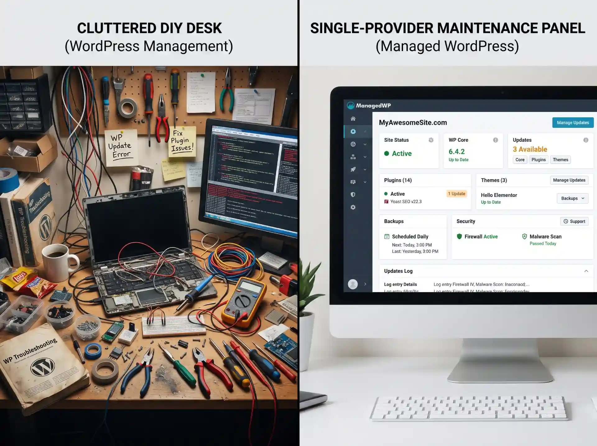 Side-by-side of a cluttered do-it-yourself desk and a clean single-provider maintenance panel