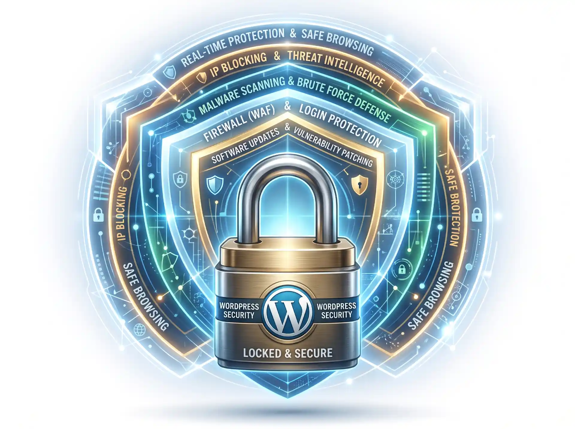 A padlock surrounded by concentric shield layers representing ongoing WordPress security