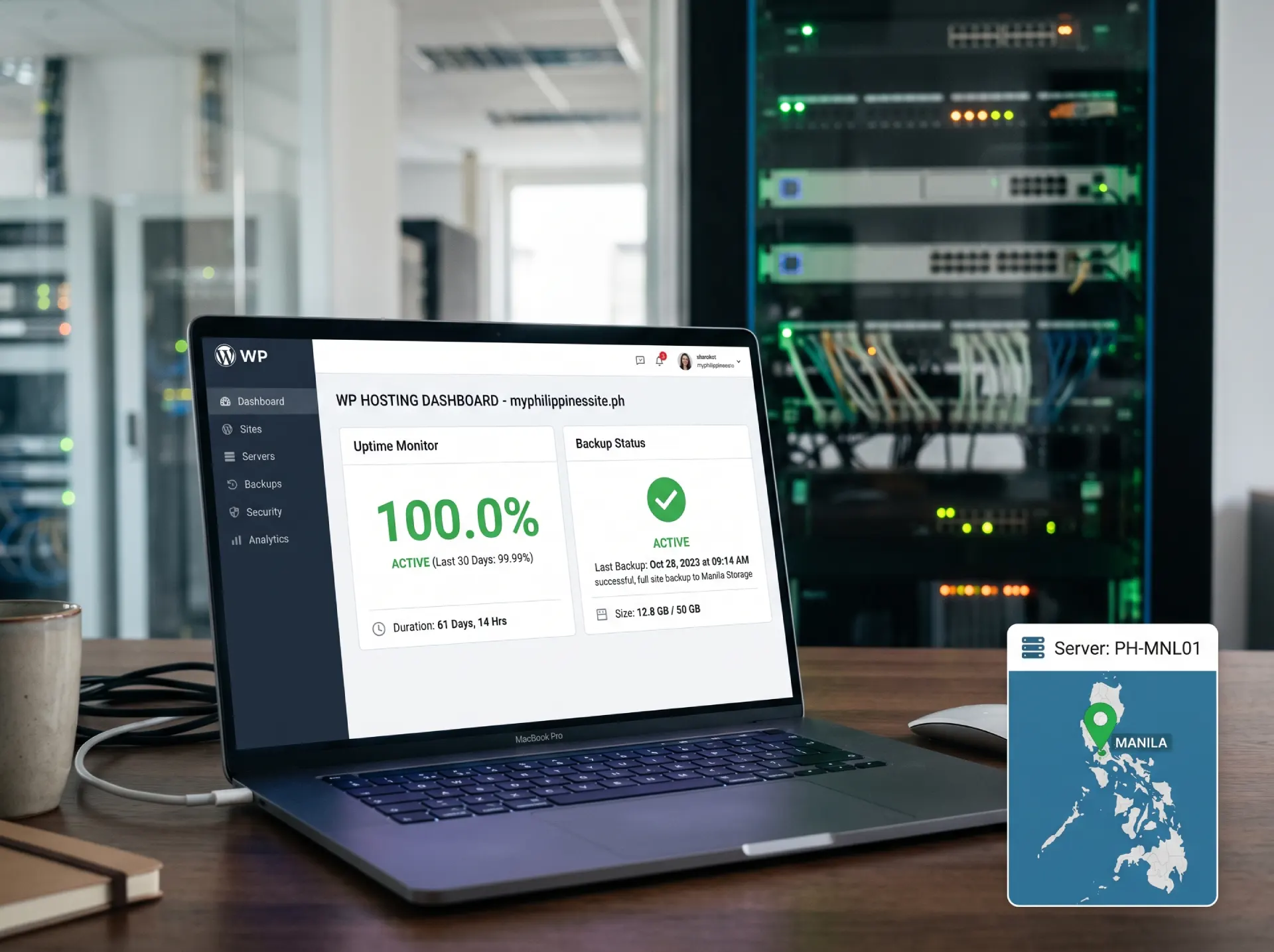 A laptop showing a WordPress hosting dashboard with uptime and backup status, a clean server rack blurred in the background, a small Philippines map node in the corner