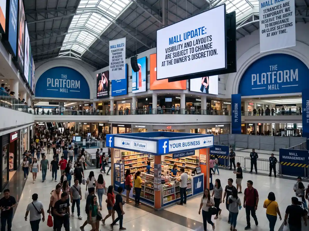 A busy indoor mall named "The Platform Mall" with a small Facebook-branded stall labeled "Your Business" in the center, surrounded by crowds and giant screens announcing mall rules and layout changes, illustrating a rented storefront on a third-party platform.