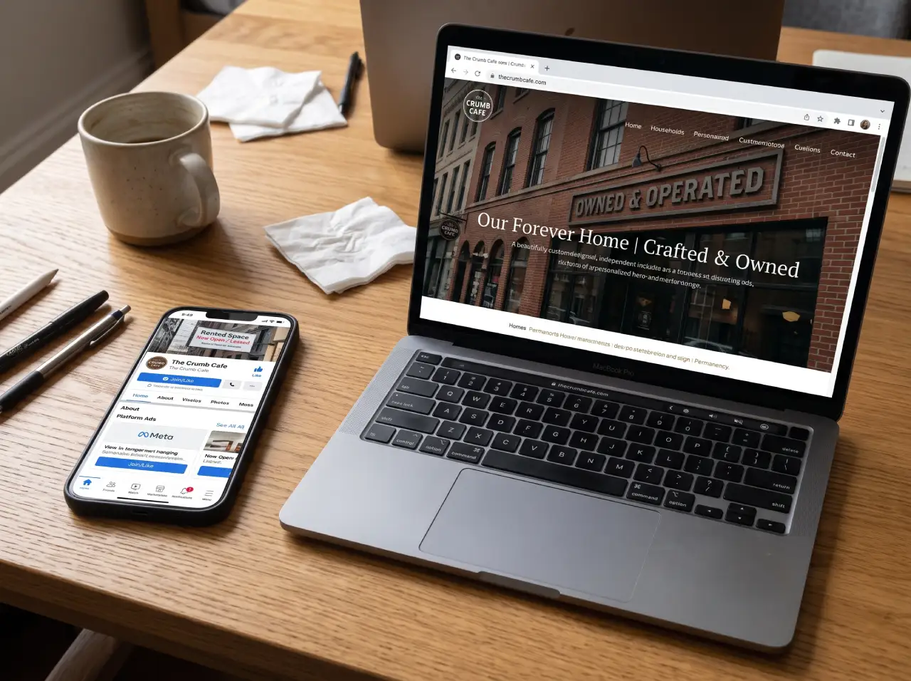 A smartphone showing a Facebook business page next to a laptop showing a website, with a subtle contrast between a rented sign and an owned storefront