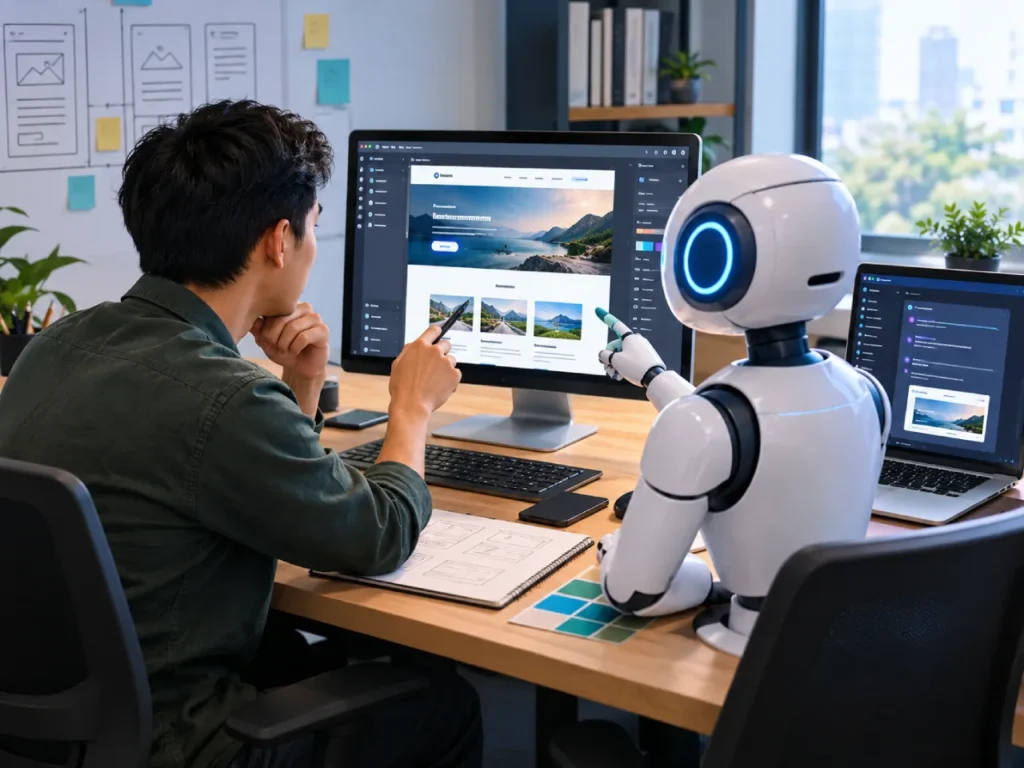 A designer and an AI assistant working side by side on a website, showing a human and AI workflow rather than AI replacing the designer