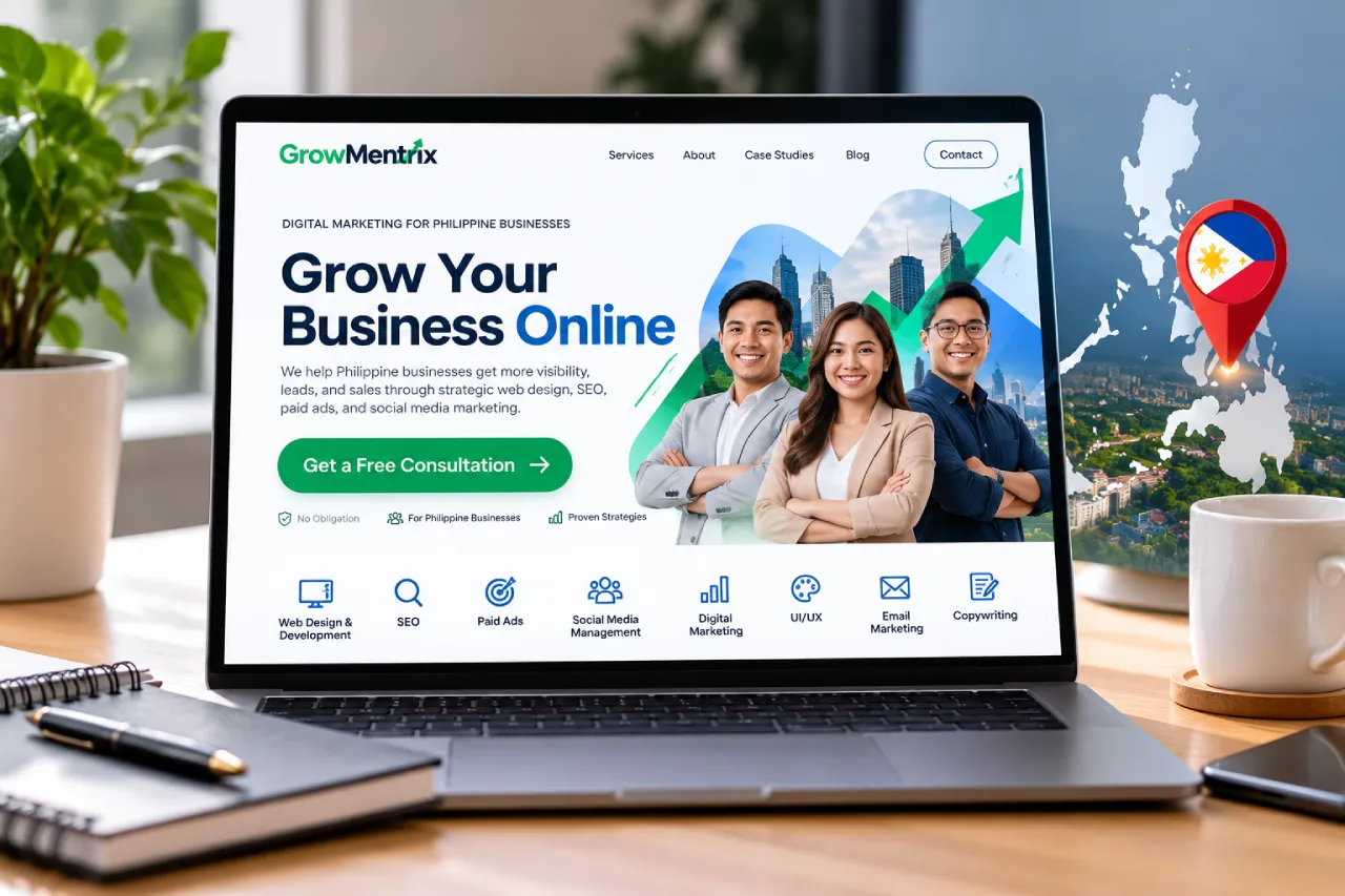 A landing page mockup with a single clear call-to-action button highlighted, on a clean desk with a Philippines map pin