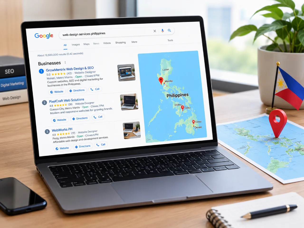A laptop showing a Google search results page with a Philippines map pin on the desk, suggesting local search rankings