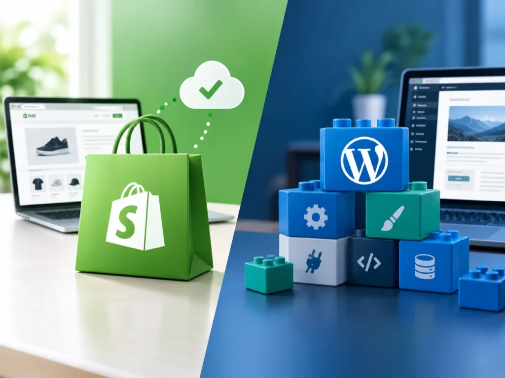 A split comparison of Shopify and WordPress with a shopping bag and a set of building blocks, showing hosted convenience versus owned flexibility