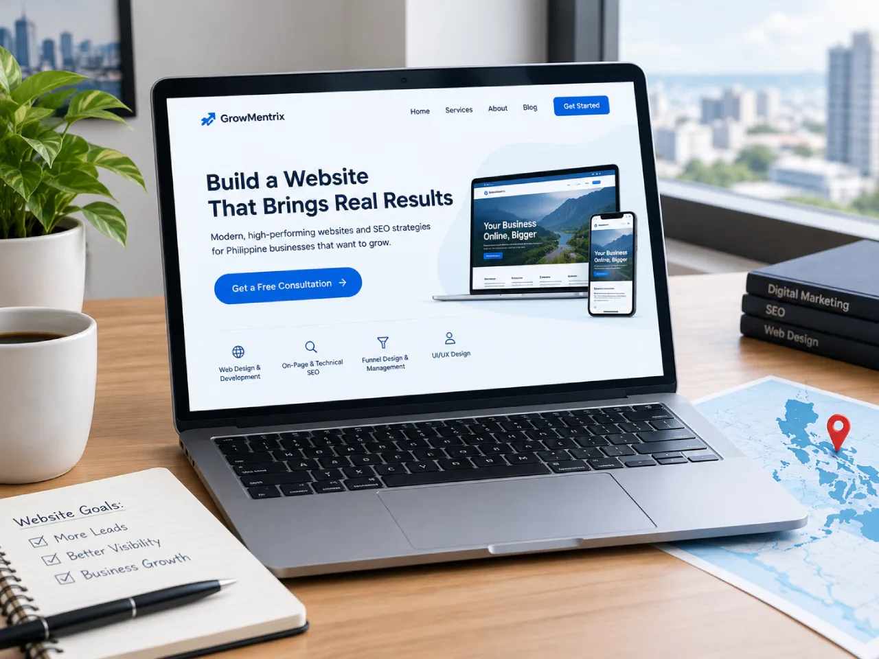 A landing page mockup with a single clear call-to-action button highlighted, on a clean desk with a Philippines map pin