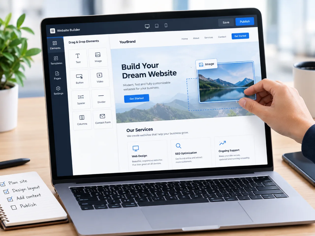 A hand dragging and dropping a scenic mountain image block onto a drag-and-drop website builder editing interface on a laptop screen.