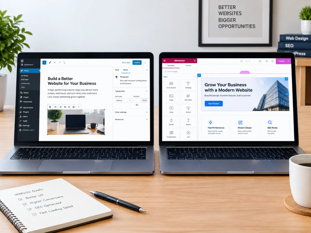 Two laptop screens side by side, one showing a WordPress editor and one showing a visual drag and drop builder, on a clean desk